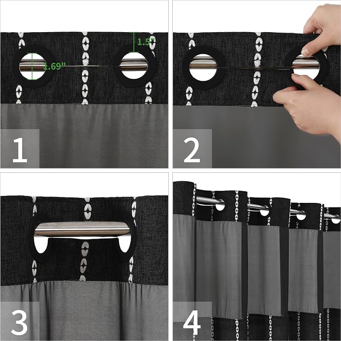 eachope Extra Long No Hook Shower Curtain with Snap-in Liner,71x86,Black | 330GSM Thick Linen Textured Striped Fabric with Tassels,Snap-in Liner,Boho Modern Farmhouse Bathroom Curtain,Water-Repellent