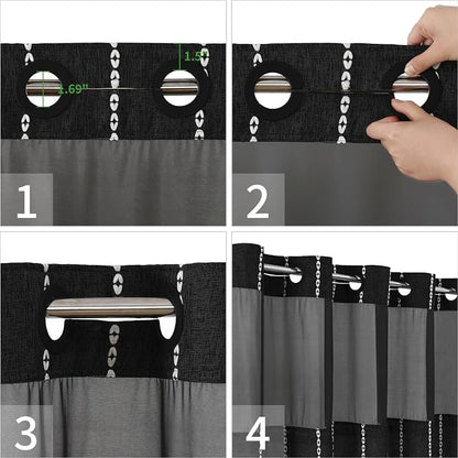 eachope Boho Farmhouse No Hook Shower Curtain with snap Liner,71x74,Black | Snap-in Liner,330GSM Thick Linen Textured Rustic Striped Design,Water-Repellent with Tassels and Sheer Window for Bathroom
