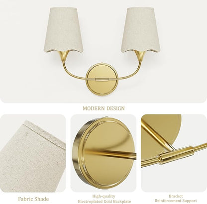 Morauroral Bathroom Light Fixtures Over Mirror, 2 Light Vanity Lights for Bathroom, Gold Vanity Lighting Fixtures with Fabric Linen Shade, E26 Socket Modern Sconce Wall Decor (ETL Listed)