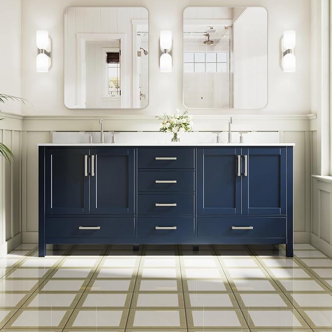 80-Inch Bathroom Vanity with Sink, 4 Soft-Close Doors and 6 Soft-Close Drawers, Bathroom Freestanding Vanity with Cultured Marble Countertop, Navy Blue Vanity with Brushed Nickel Handles