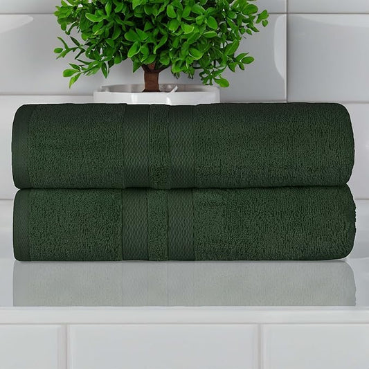 Superior Ultra-Soft Cotton Bath Towel Set, Quick-Dry, Absorbent, Shower, Spa Basics, Large Towels, Bathroom Sets, Bath Essentials, Solid, Double Line Dobby Border, 2 Pack, Set of 2, Forest Green