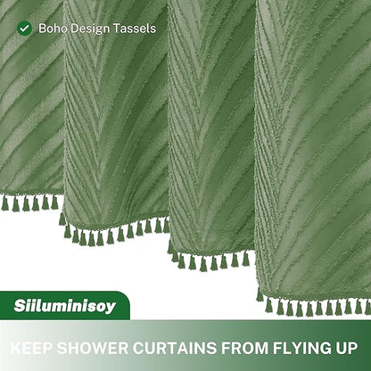Boho Shower Curtain Woven Fabric Sage Green Shower Curtain, 72 x 72 Tufted Leaves Textured Striped Modern Farmhouse Minimalist Cloth Shower Curtains for Bathroom
