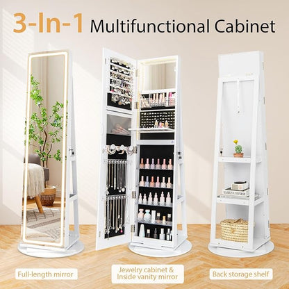 GOFLAME 360° Swivel Jewelry Cabinet Armoire with Full Length Mirror, Standing Jewelry Storage Organizer with Rear Storage Shelves, 3-Color LED Lights, Foldable Shelf, Interior Mirror, White