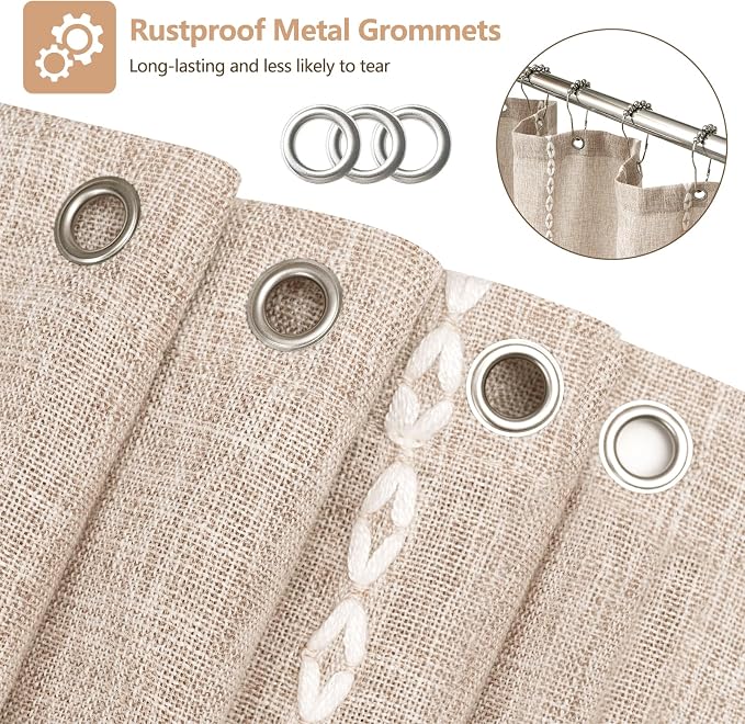 Seenus Boho Farmhouse Shower Curtain Heavyweight with Tassels, 72 x 84 Inch Extra Long Taupe Linen Textured Fabric Shower Curtain for Bathroom, Tan and White Striped Bath Décor Curtain Water Repellent