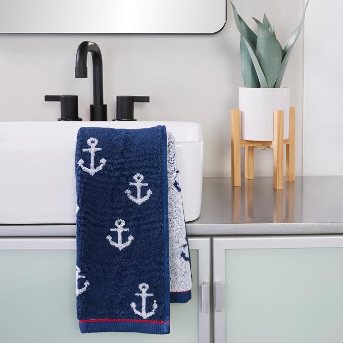 SKL Home Nautical Anchor Jacquard Hand Towel Set-2pc, 100% Cotton, Navy | Plush, absorbent & reversible. Great for everyday & coastal/beach décor in the bathroom, kitchen, bar or any sink space.