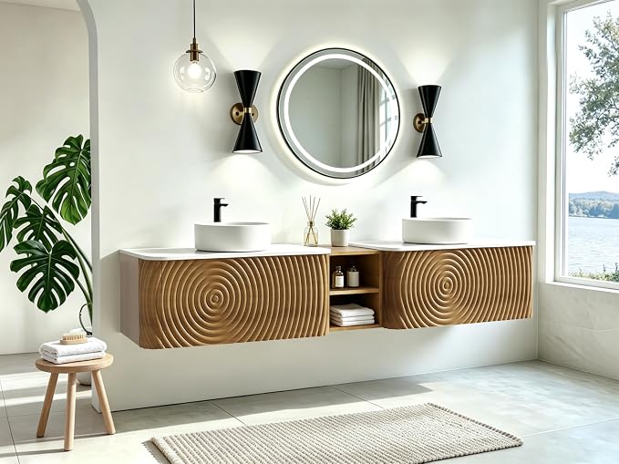 84" Floating Bathroom Vanity with Double Sink, Mid-Century Wall Mounted Bathroom Vanity Cabinet with Wood Waved Decor, Ceramic Vessel Basin, Sintered Stone Top, Soft Close Drawer, Side Open Cube