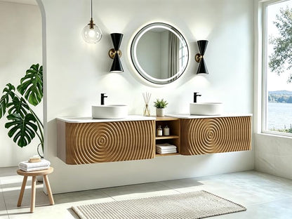 84" Floating Bathroom Vanity with Double Sink, Mid-Century Wall Mounted Bathroom Vanity Cabinet with Wood Waved Decor, Ceramic Vessel Basin, Sintered Stone Top, Soft Close Drawer, Side Open Cube