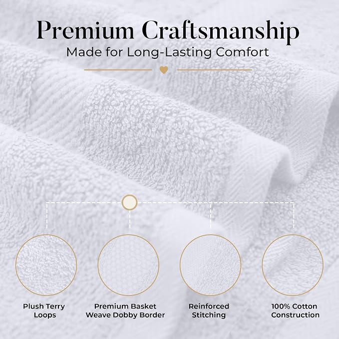 DAN RIVER 600 GSM Cotton Large Bath Towels Set of 4, 27 x 54 Inches, White | Larger & Lighter Weight Towels for Bathroom - Highly Absorbent & Quick Dry 100% Cotton Bath Towel Set for Home, Spa & Hotel