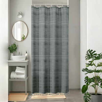 Small Stall Shower Curtain - Linen Textured Bathroom Curtain with Boho Tassel, Heavy Duty Farmhouse Bath Decor for RV Camper, Machine Washable, 36Wx72L Inches, Light Grey