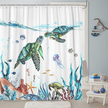 Fowocu Sea Turtle Extra Long Shower Curtain Teal Blue Ocean Waterproof Fabric Shower Curtains for Bathroom with Funny Animal Octopus Starfish Anchor Fish Nautical Bath Curtain Decor (Teal, 72''×78'')