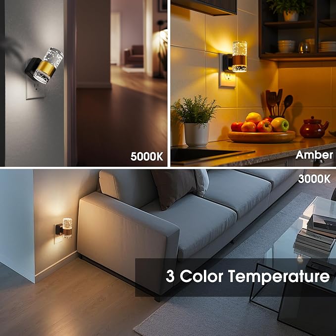 L LOHAS LED Night Lights Plug into Wall, Dusk-to-Dawn Sensor Night Light | 2 Pack Soft White/Cool White/Amber 3 Light Color, Adjustable Brightness, Rotatable plug, Bubble Nightlight for Hallway