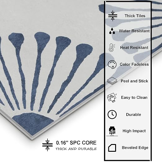 16-Sheet Peel and Stick Floor and Wall Tile, 9" x 9" Blue Stone Composite Self Adhesive Vinyl Flooring, Patterned Flower Groutable Backsplash Tile for Kitchen Bathroom Shower