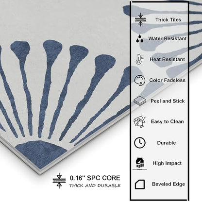16-Sheet Peel and Stick Floor and Wall Tile, 9" x 9" Blue Stone Composite Self Adhesive Vinyl Flooring, Patterned Flower Groutable Backsplash Tile for Kitchen Bathroom Shower
