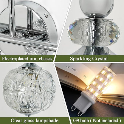 Modern Bathroom Light Fixtures Polished Chrome Vanity Light with Glass Globe LampShade 3 Lights Mid Century G9 Bulb Wall Sconce Indoor Vanity Light Over Mirror for Bedroom Kitchen Hallway