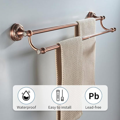 Red Copper Double Towel Bar, Adjustable 15.5 to 27.5 Inch Bath Towel Rack for Bathroom Towel Holder, Wall Mounted Black Bathroom Hardware Accessories,Pattern Carving Design