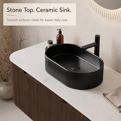 48 Inch Bathroom Vanity with Sink, Floating Wall Mounted Single Sink Vanity, Dark Walnut Curved Fluted Front, Stone Top, Black Textured Oval Vessel Basin, Pre-Assembled