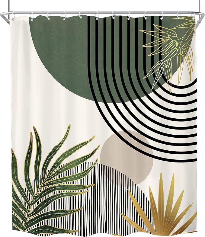 KOMLLEX Mid Century Green Boho Abstract Modern Bathroom Shower Curtain Set | 72Wx78L Gold Plant design, waterproof HD print with fast-drying fabric and 12 hooks.