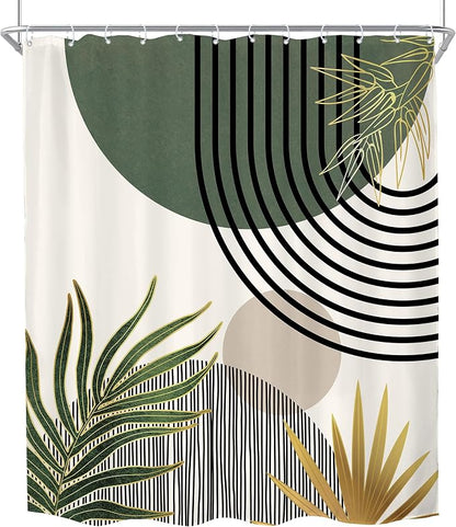 KOMLLEX Mid Century Green Boho Abstract Modern Bathroom Shower Curtain Set | 72Wx78L Gold Plant design, waterproof HD print with fast-drying fabric and 12 hooks.