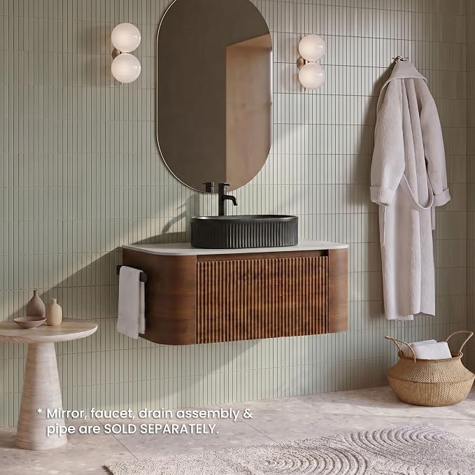 36" Preassembled Floating Bathroom Vanity with Black Sink, Walnut | Mid-Century Modern Style, Fluted & Soft-Close Drawer with U-shaped Wall, Sinterted Stone Countertop, Towel Rack Included