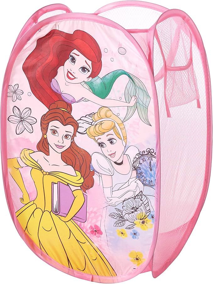 Disney Princess Pop-Up Laundry Hamper for Kids,Collapsible Mesh Storage Basket with Handles, Foldable Toy & Clothes Organizer, Pink Princess Design