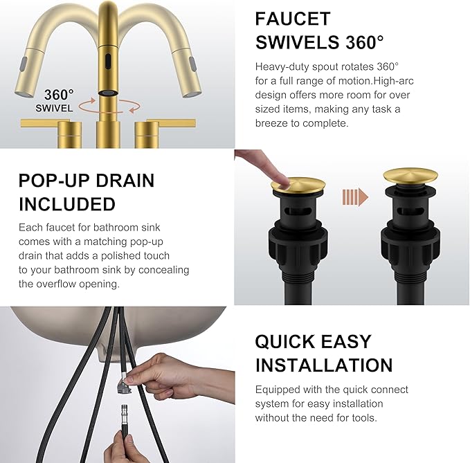 KENES Brushed Gold Centerset Bathroom Faucet with Pull Out Sprayer, 4 Inch 2 Handle Pull Down Bathroom Faucet 3 Hole, Bathroom Sink Faucet with Pop Up Drain & Supply Lines LJ-9069-4
