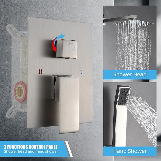 Modern Shower Faucet with 10 Inch Rain Shower head Shower System and Handheld Shower Combo,2-Function Shower Fixtures Included Shower Trim Kit (Brush Nickel)