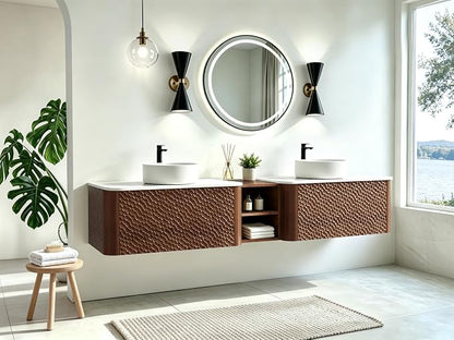 84 Inch Double Vanity with Sink Set, Floating Bathroom Sink Cabinet with Sintered Stone Top&Solid Wood Hammered Frame, Double Bathroom Vanities w/Soft-Close Drawers&1 Side Open Cube