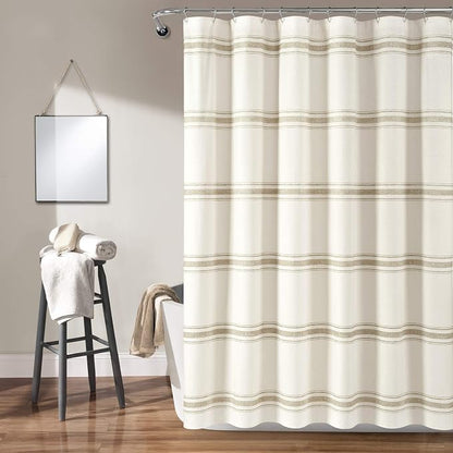 Lush Decor Farmhouse Stripe Cotton Shower Curtain, 72" W x 72" L, Neutral - Striped Bathroom Curtain - Fabric Shower Curtains - Farmhouse Bathroom Decor