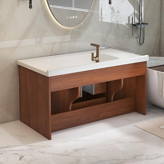 36" Floating Bathroom Vanity with Single Sink, Modern Wall Mounted Bathroom Vanities with Ceramic Basin, Wood Bathroom Vanity Cabinet with 2 Drawers and 2 Open Cabinets, Walnut
