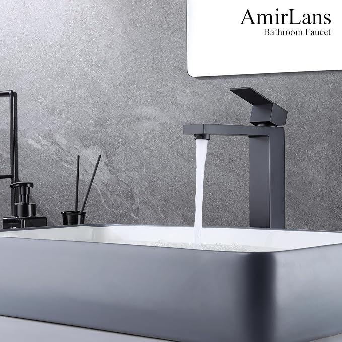 Matte Black Vessel Sink Faucet, Single Hole Tall Bathroom Faucet | Stainless Steel 1 Hole Black Matte Faucet for Bathroom Sink, Tall Vanity Faucet with Pop Up Drain