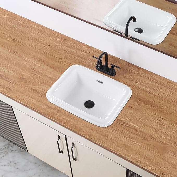 Bathroom Vessel Sink 19 Inch Small Drop In Bathroom Sink Rectangular Semi Recessed Sinks with Overflow White Ceramic Small Vanity Sinks for Tiny Bathrooms