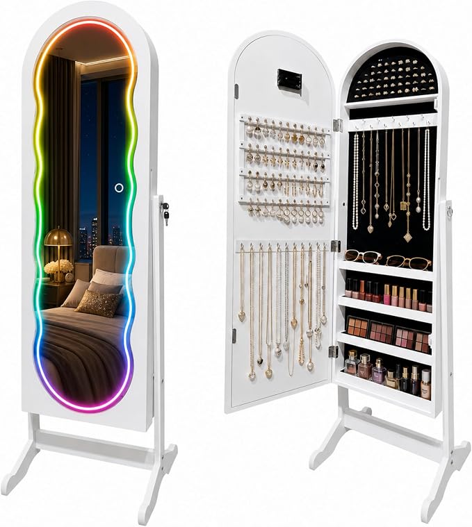Fiqevs RGB Mirror Jewelry Cabinet, Remote Control LED Mirror with Storage | Arched Standing Jewelry Armoire with Full Length Wavy Mirror, Lockable, Spacious Storage Organizer, Gift Idea, White