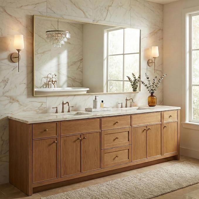 60"x30" Satin Gold Wide Bathroom Wall Mirror for Double Vanity | Wide Double Vanity Mirror, Slim Metal Frame, Long Console or Buffet Use, Vertical/Horizontal Mount, Tempered Glass