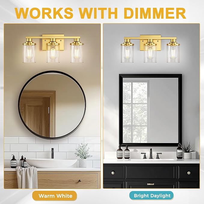 L LOHAS LED 3-Light Bathroom Vanity Light, Gold | Modern Gold Bathroom Light Fixture for Bathrooms, Bedrooms and Hallways