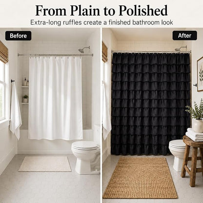 Black Gothic Shower Curtain for Bathroom, Extra-Long 72 x 84 inch, Ruffle | Cascading Layered Ruffles, 72x84, 8ft, 12 Plastic Hooks Included, Machine Washable, Soft Brushed Microfiber Fabric