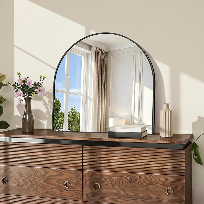 COFENY Arched Mirror, 24’’x24’’ Black Arch Mirrors for Bathroom Sink, Small Bathroom Vanity Mirror with Metal Frame, Modern Wall Mounted Mirror for Bedroom Living Room Mantle Entryway