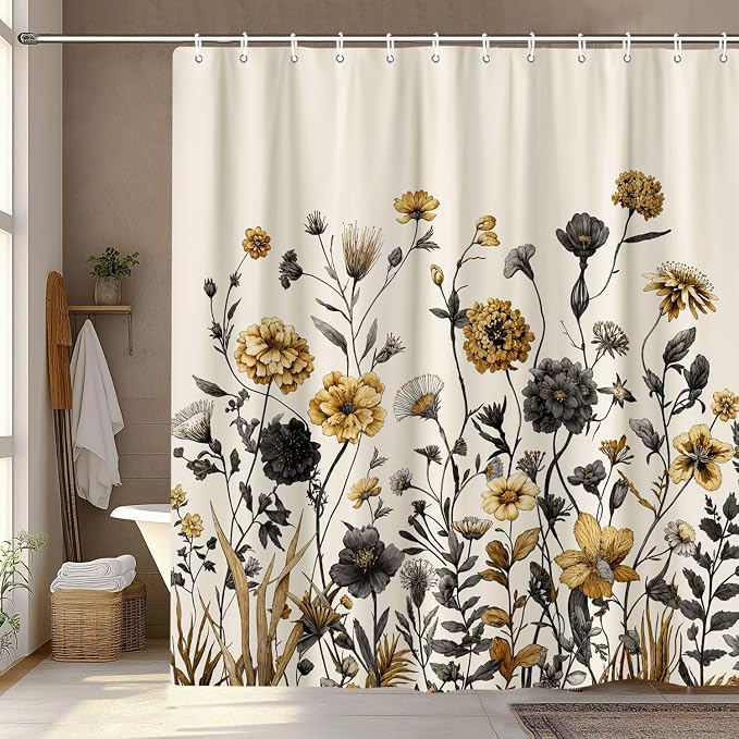 Vintage Boho Beige Floral Shower Curtain, Black Gold Rustic Farmhouse Flower Shower Curtain Set, Cute Botanical Wlidflowers Fabric Shower Curtains Decoration, 72X72 Aesthetic Bathroom Accessories