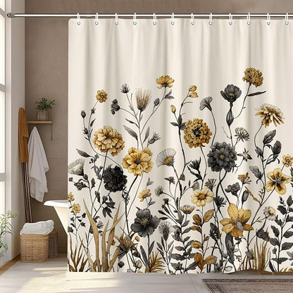 Vintage Boho Beige Floral Shower Curtain, Black Gold Rustic Farmhouse Flower Shower Curtain Set, Cute Botanical Wlidflowers Fabric Shower Curtains Decoration, 72X72 Aesthetic Bathroom Accessories