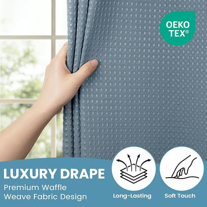 SORTTO No Hook Shower Curtain with Snap in Liner Set Waffle Shower Curtain for Bathroom Hotel Style Fabric Waterproof Inner Liner，71" W x 74" H, Stone Blue