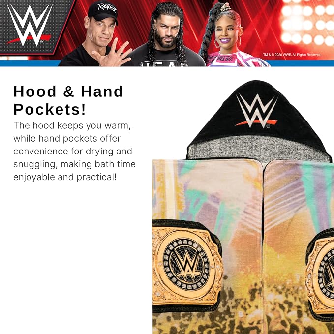 WWE Wrestling Kids Super Soft Bath/Pool/Beach Soft Cotton Terry Hooded Towel Wrap, 24 in x 50 in, (100% Officially Licensed Product) By Franco