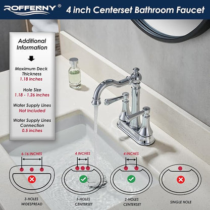 4" Centerset Polished Chrome Bathroom Faucets for 2/3-Hole Sinks | Includes Plastic Pop-Up Drain, Classic 4" Center Set Lavatory/Bath Vanity Faucets, 2-Handle High Arc 360° Swivel Brass Spout