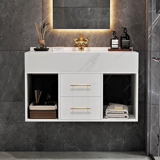 homary 35.4" Floating Bathroom Vanity with Sink, Modern Wall-Mounted Vanity Bathroom Cabinet with Sintered Stone Countertop, Undermount Sink & White, 2 Open Storage Shelves
