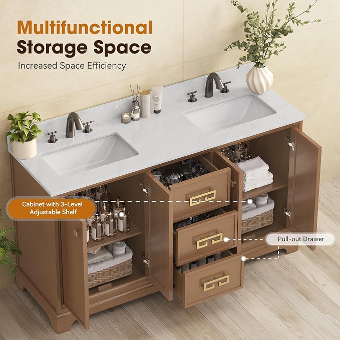 60 Inch Double Sink Bathroom Vanity, Light Walnut | Fully Assembled Bathroom Sink Cabinet, Marble Countertop & Backsplash, Soft Closing 4 Doors & 3 Drawers, Adjustable Shelves
