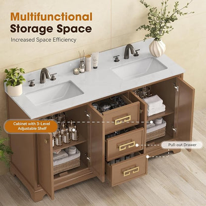 60 Inch Double Sink Bathroom Vanity, Light Walnut | Fully Assembled Bathroom Sink Cabinet, Marble Countertop & Backsplash, Soft Closing 4 Doors & 3 Drawers, Adjustable Shelves