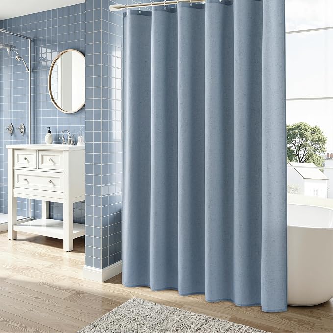 Linen Shower Curtain 72 Inch Long for Bathroom Boho Farmhouse Fabric Shower Curtains Set with Hooks Neutral Cloth Modern Cottage Core Waterproof 72x72,Stone Blue
