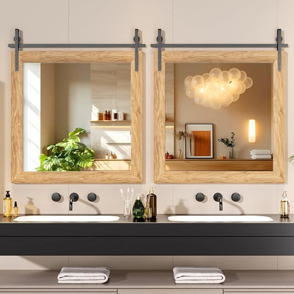 Hasipu Farmhouse Bathroom Mirror, 31"x31" Rustic Wood Framed Wall Mounted Mirror, Brown Vintage Vanity Mirror Barn Door Style Decrative Mirrors