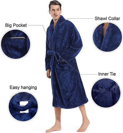 Inner Wish Mens Plush Fleece Robe, Cozy Warm Bathrobe Fuzzy Male Spa Long Robe With Pockets (DARK GREY)