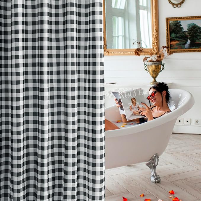 Fabric Shower Curtain-Black & White Farmhouse Shower Curtains for Bathroom | 72"Wx84"L Gingham Buffalo Plaid Neutral Extra Long Bath Curtain Decor-Hotel Quality Checkered Geometric Linen Cloth Washable