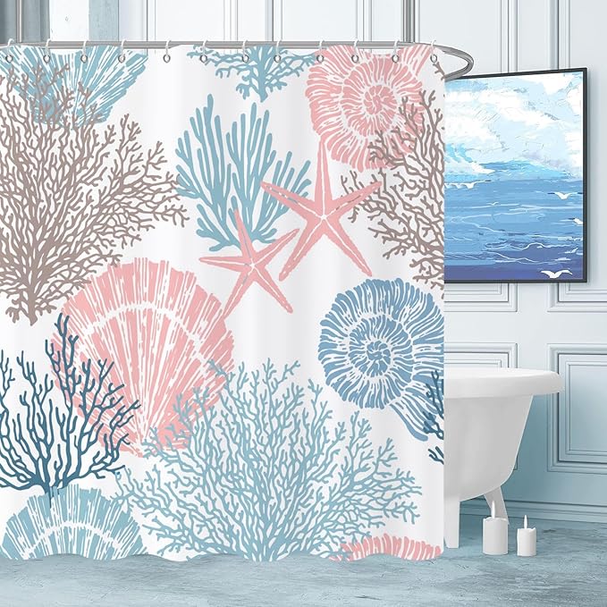 Nautical Coastal Shower Curtain, Blue Pink Ocean Beach Seashell Starfish Themed Bathroom Curtain Waterproof Fabric Machine Washable with Hooks, 72" Wx78 L
