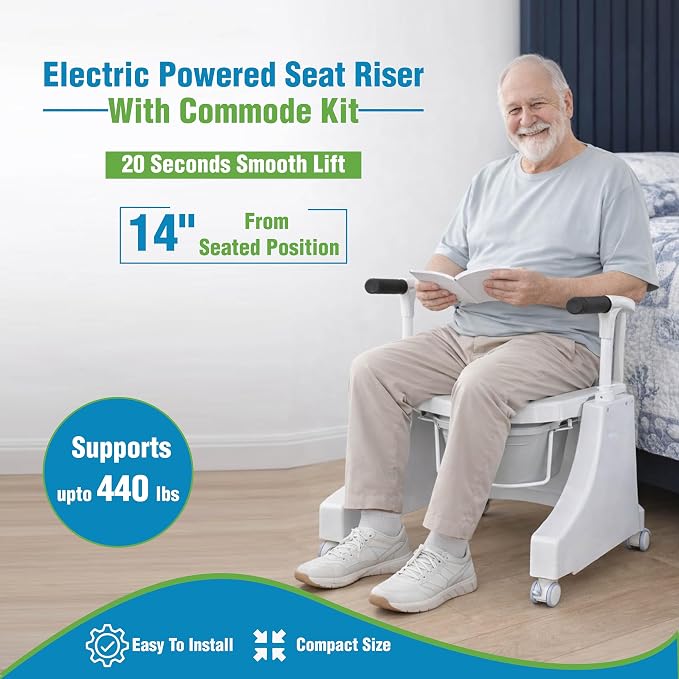 EaseLift Powered Toilet Lift Bedside Commode Kit Incl Electric Height Adjustable Elevated Seat Riser 440lbs Capacity Rechargeable Battery Incl